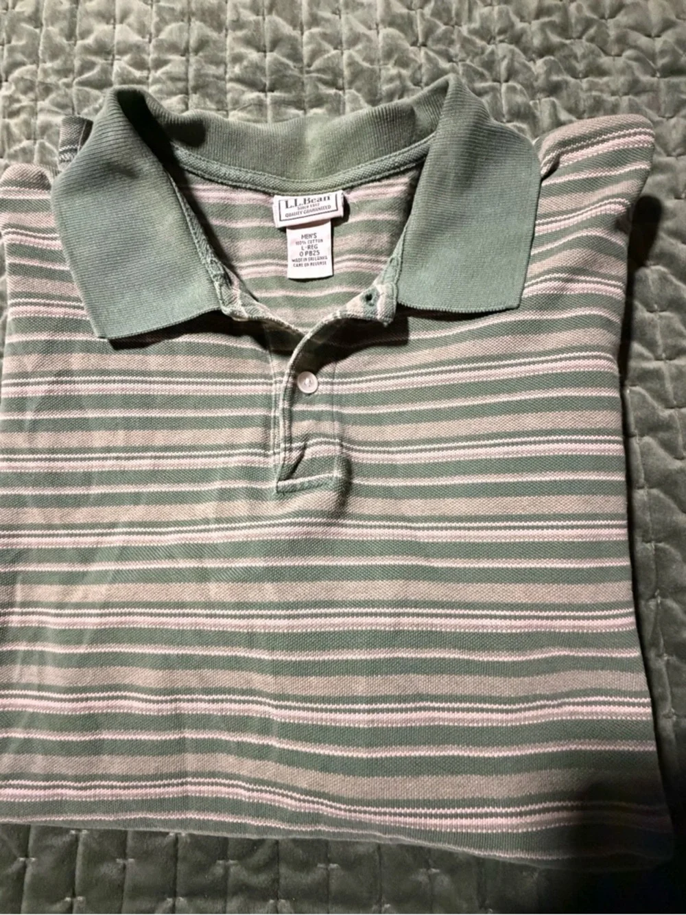 L.L. Bean striped polo shirt short-sleeved green, white, tan‎ 100% cotton, large